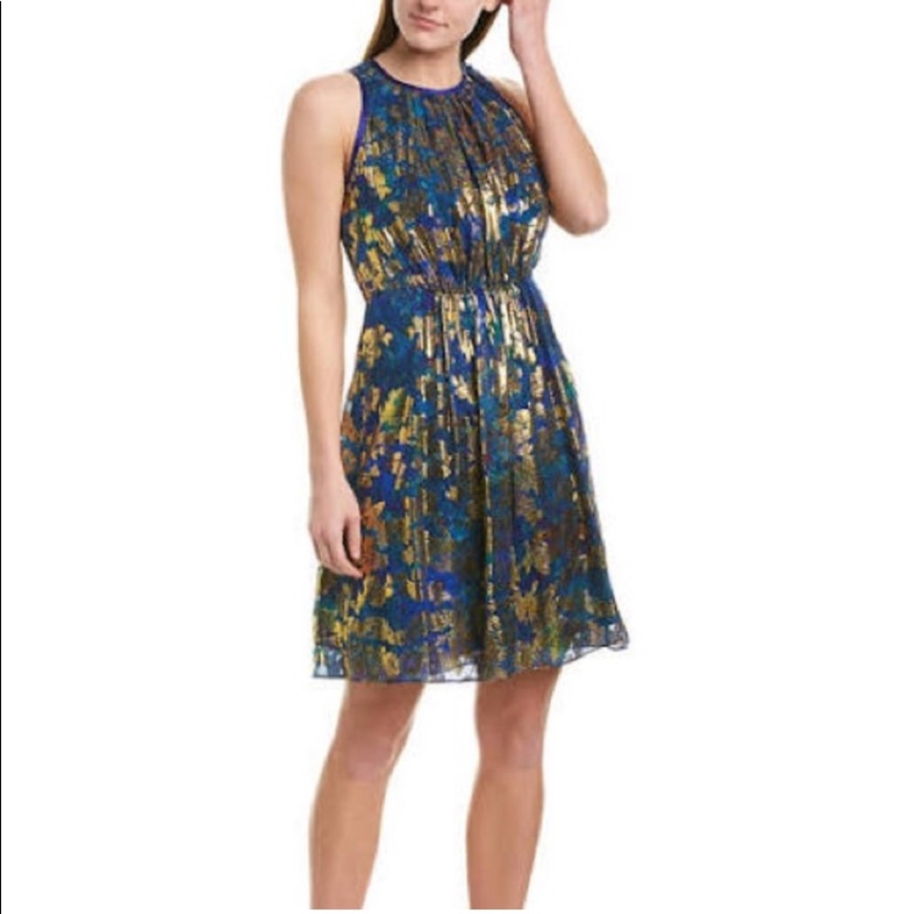 Like New Elie Tahari Blouson Dress Blue with Gold